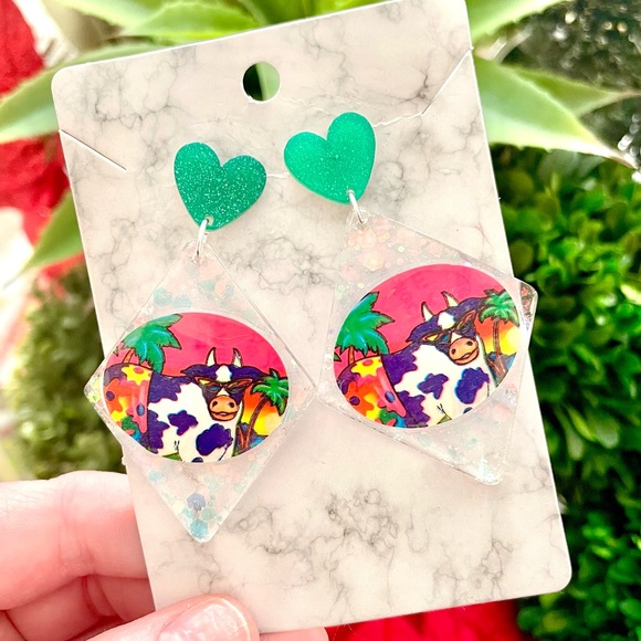 Lisa Frank Cow Sticker Acrylic Earrings - Picture 2 of 4